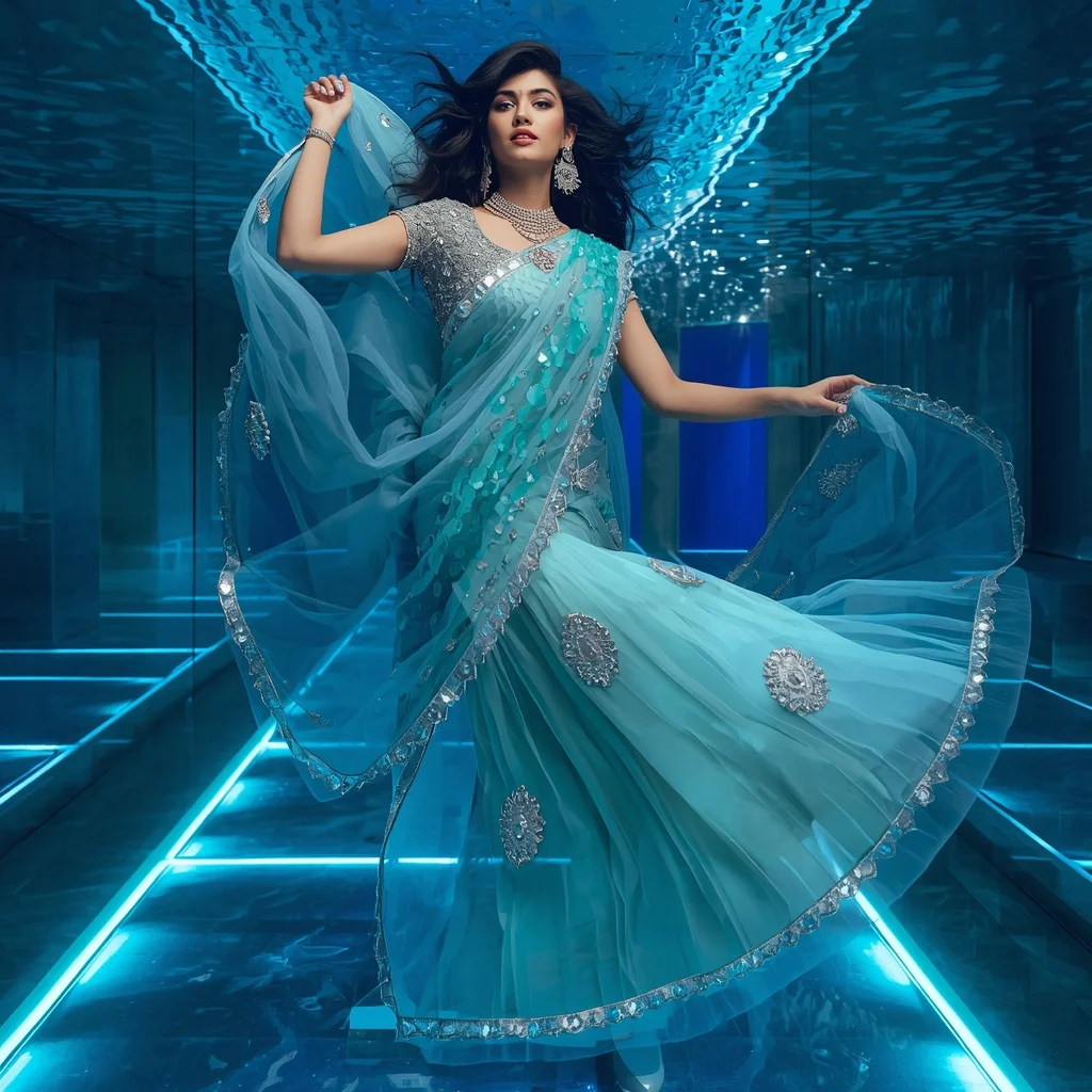 Premium Aqua Crystal Saree with Floating Circular Editorial Spiral and Celestial Water Reflection Palace Background | Viral Instagram Ai Prompt