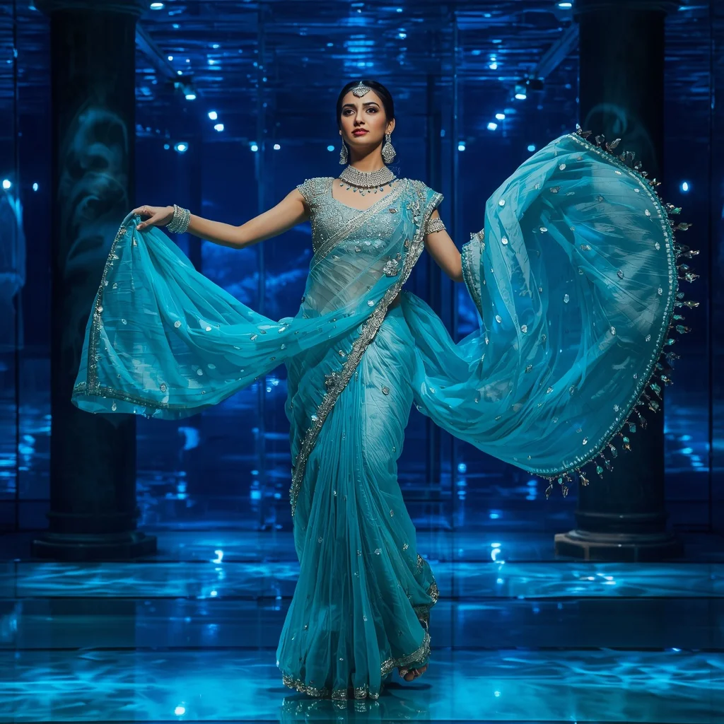 Premium Aqua Crystal Saree with Floating Circular Editorial Twist and Celestial Water Reflection Palace Background | Indian Girl Ai Prompt
