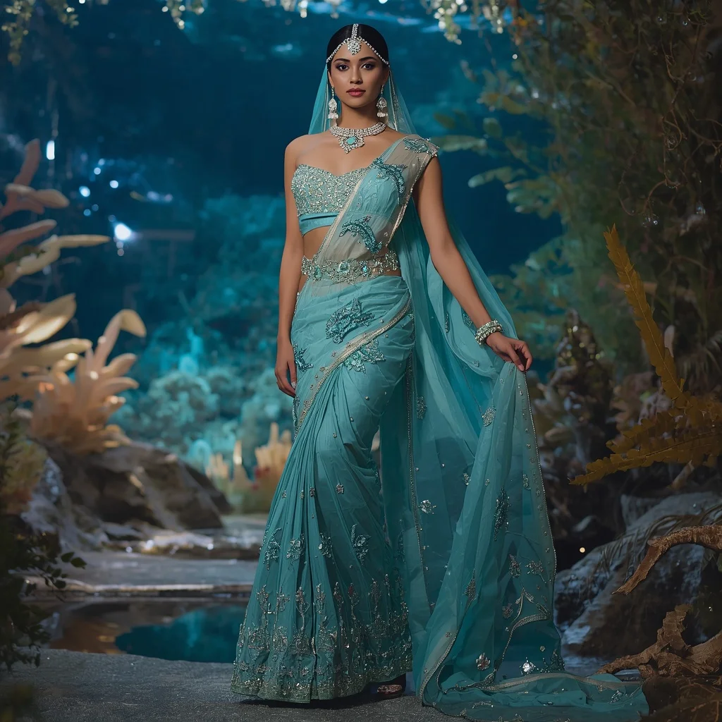 Premium Aqua Dolphin Princess Saree Couture with Ocean Crystal Paradise Background | Girls Trending Prompt Gemini Instagram