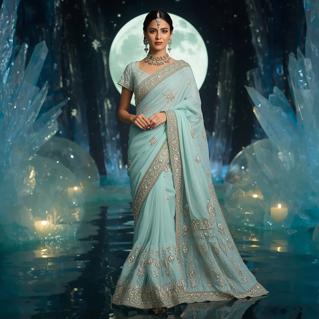 Premium Aqua Moon Pearl Saree Couture with Ocean Crystal Moonlight Background | Viral Ai Image Prompt
