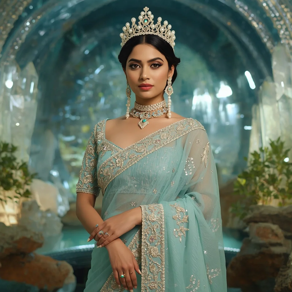 Premium Aqua Pearl Crown Saree Couture with Ocean Crystal Sanctuary Background | Girl Prompt