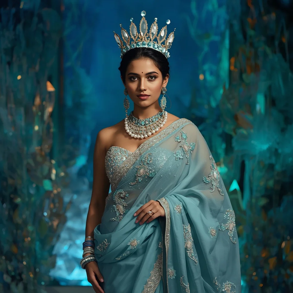 Premium Aqua Seahorse Crown Saree Couture with Ocean Crystal Empire Background | Instagram Influencer Ai Prompt