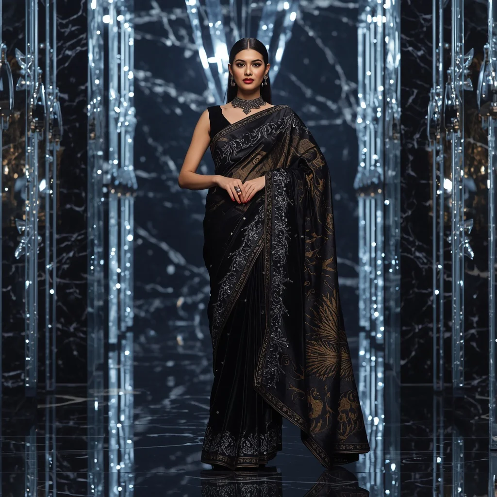 Premium Black Diamond Phoenix Saree Fashion with Midnight Crystal Empire Background | Prompt AI For Girl