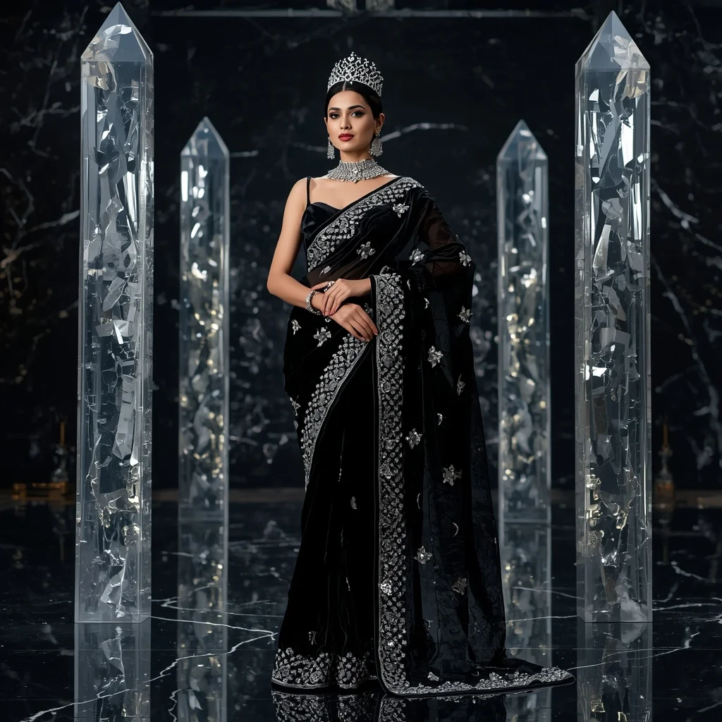 Premium Black Obsidian Crown Saree Fashion with Midnight Crystal Kingdom Background | Leonardo Ai Image Prompt