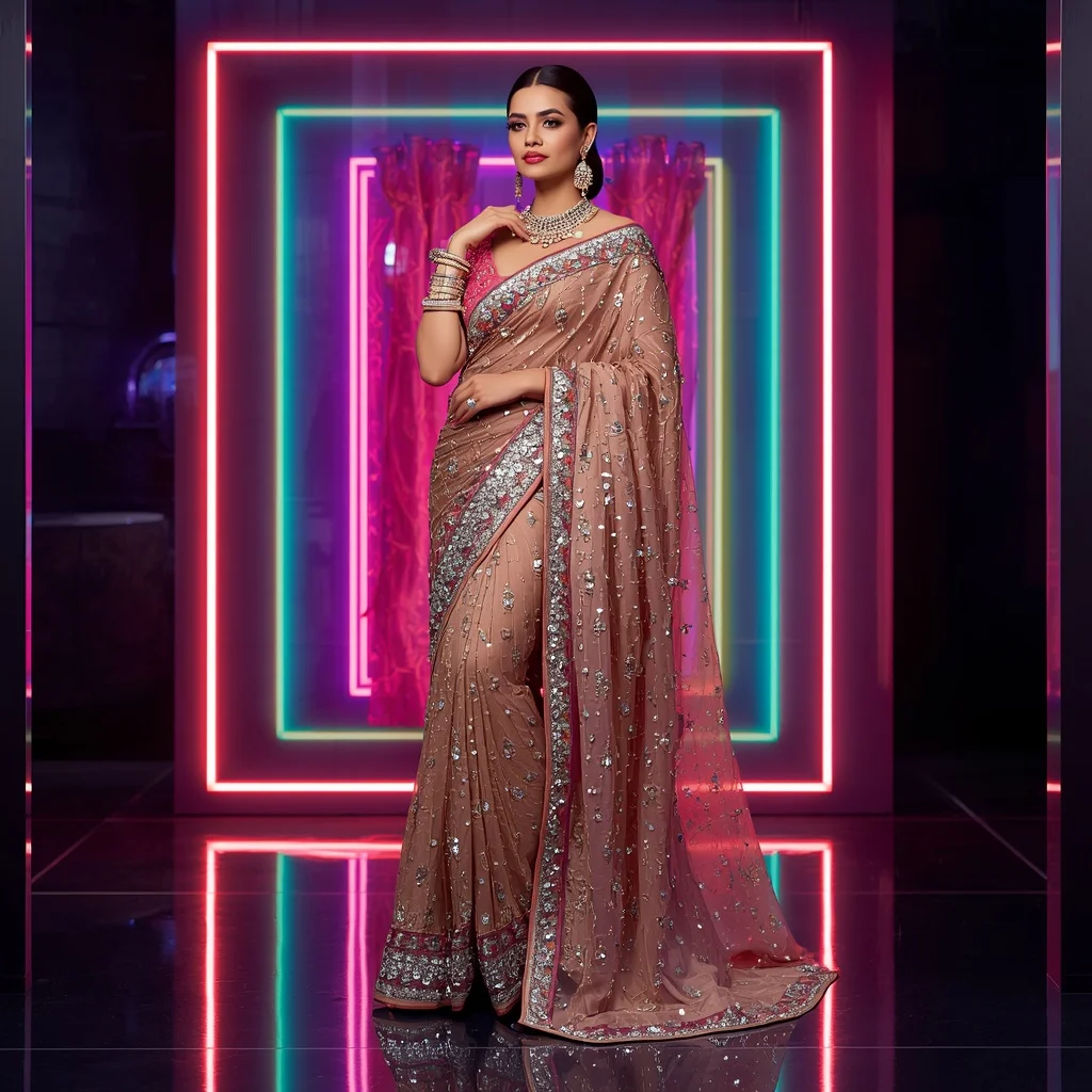 Premium Bollywood Saree with Luxury Geometric Neon Background | Image To Prompt
