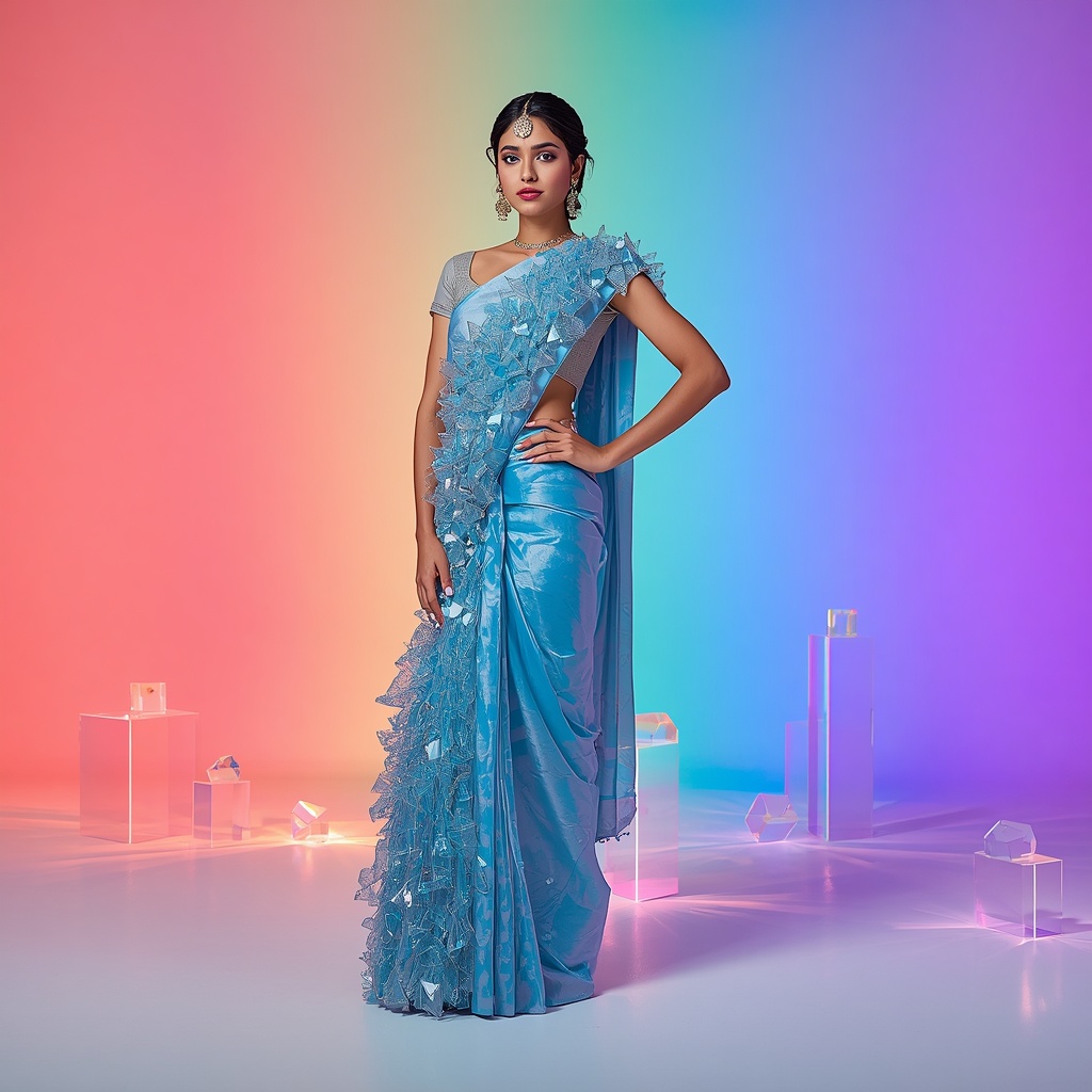 Premium Bridal-Festive Fusion: Icy Blue Silk with Thick 3D Holographic Shattered Glass | Traditional Saree Ai Prompt