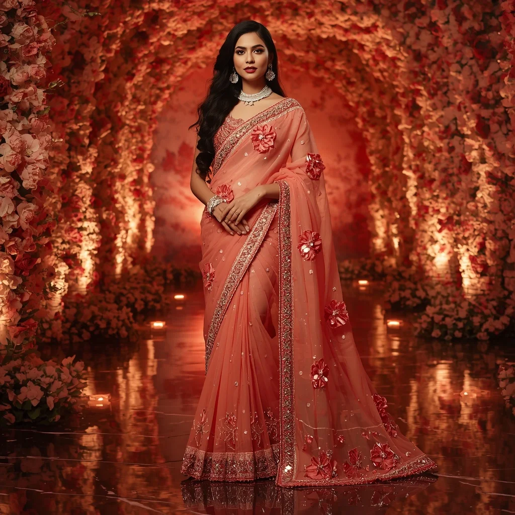 Premium Coral Crystal Saree with Artistic Marble Editorial Curl and Sunset Floral Reflection Tunnel Background | Female Model Ai Prompt