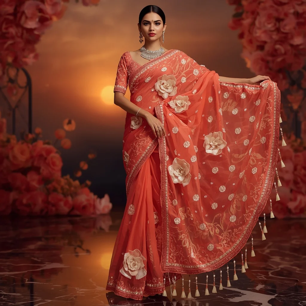Premium Coral Pearl Saree with Artistic Marble Editorial Air Spiral and Sunset Floral Reflection Palace Background | Prompt Seen Trending Girl