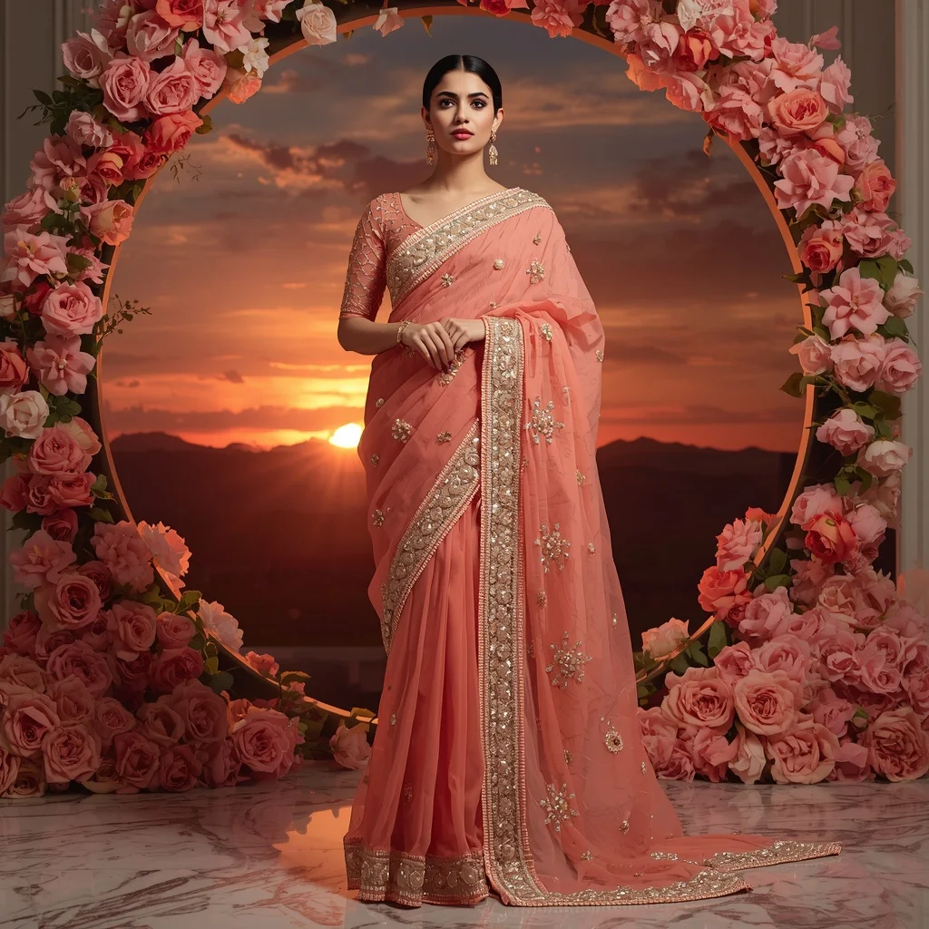 Premium Coral Pearl Saree with Artistic Marble Editorial Spiral and Sunset Floral Reflection Dome Background | Gemini Ai Photo Prompt