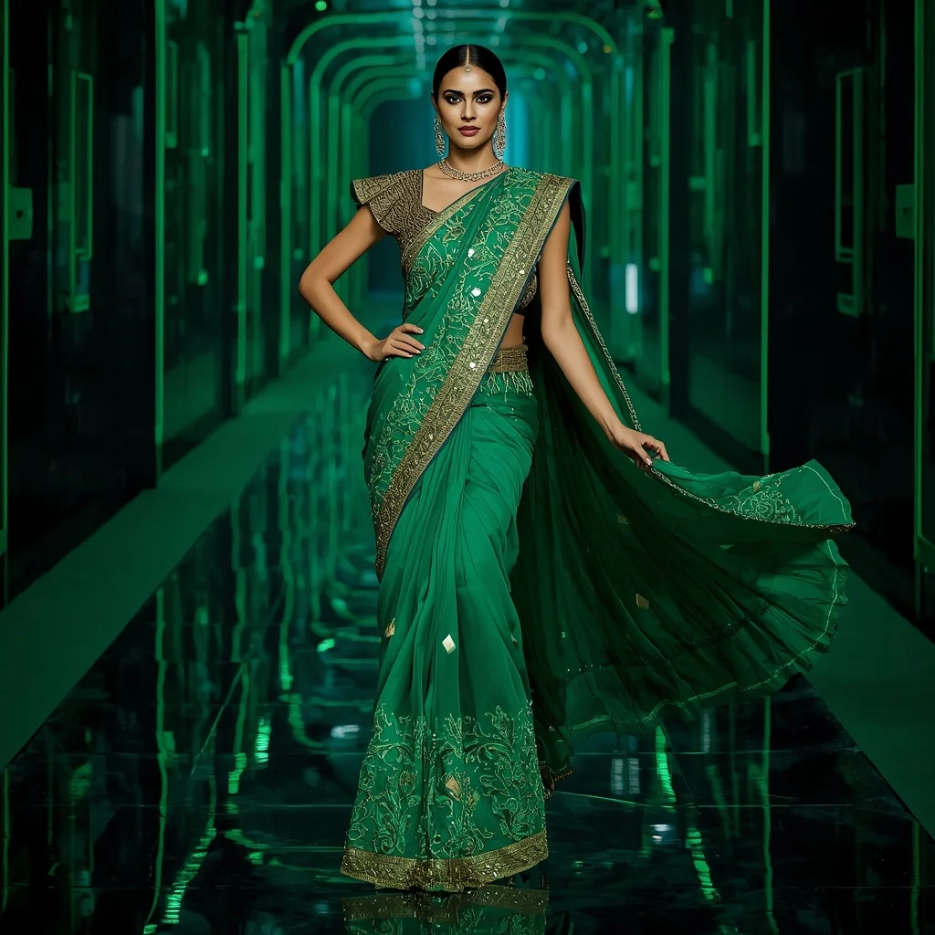 Premium Emerald Fire Prism Saree with Fierce Editorial Air Twist and Cyber Reflection Tunnel Background | New Instagram Trend Prompt For Girl