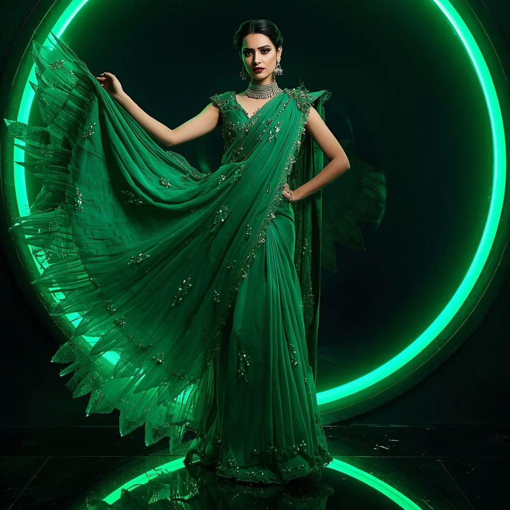 Premium Emerald Thunder Crystal Saree with Fierce Editorial Air Spiral and Cyber Reflection Ring Background | Profile Picture Ai Prompt