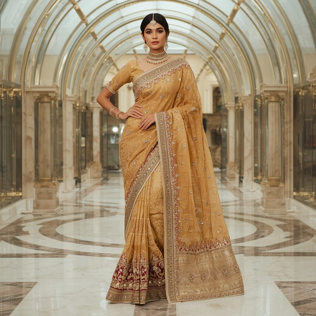 Premium Golden Heritage Maharani Saree with Modern Crystal Dome Court Background | New Instagram Trend Prompt For Girl Love Copy And Paste