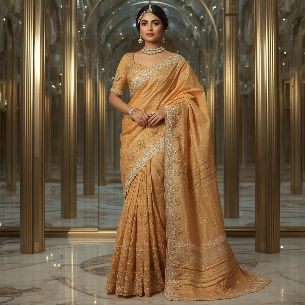 Premium Golden Heritage Rajeshwari Saree with Modern Crystal Royal Atrium Background | Prompt For Gemini