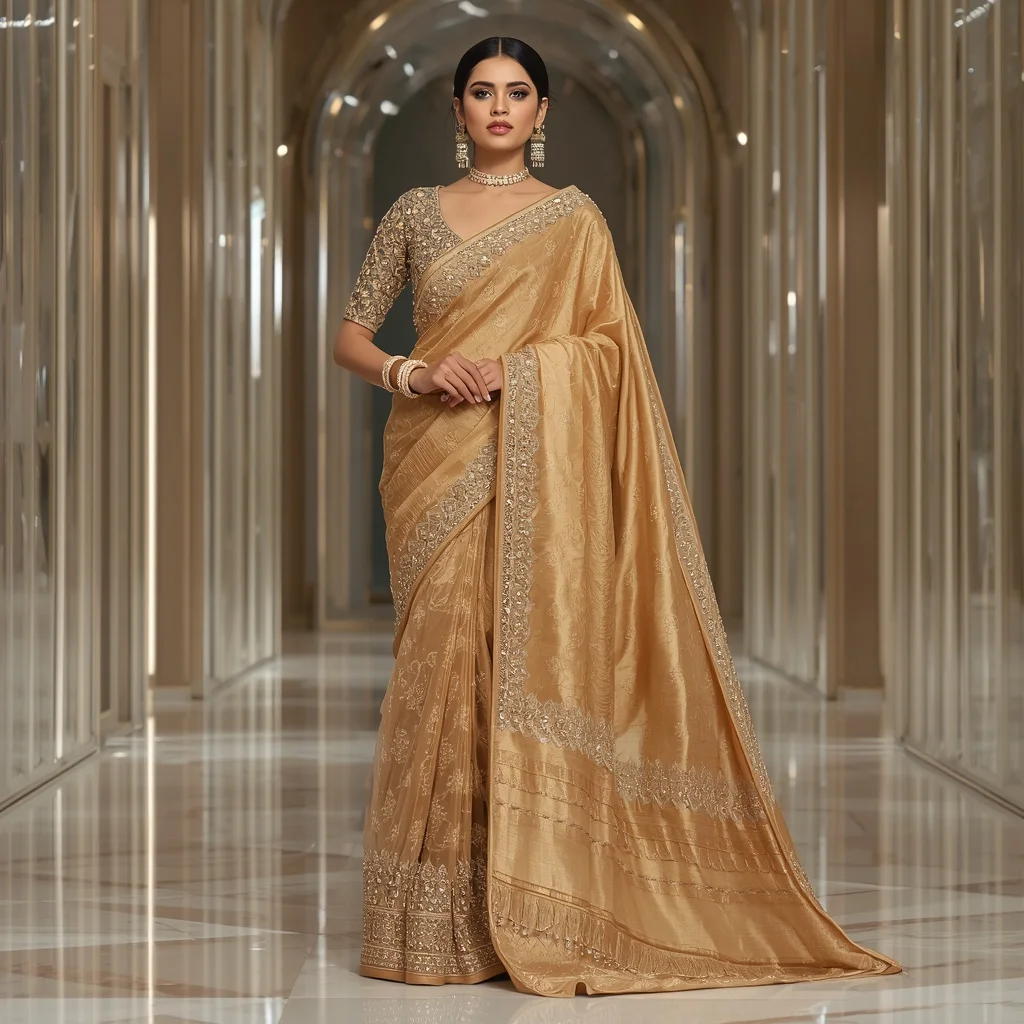 Premium Golden Heritage Rajmata Saree with Modern Crystal Royal Hall Background | Ideogram Ai Prompt