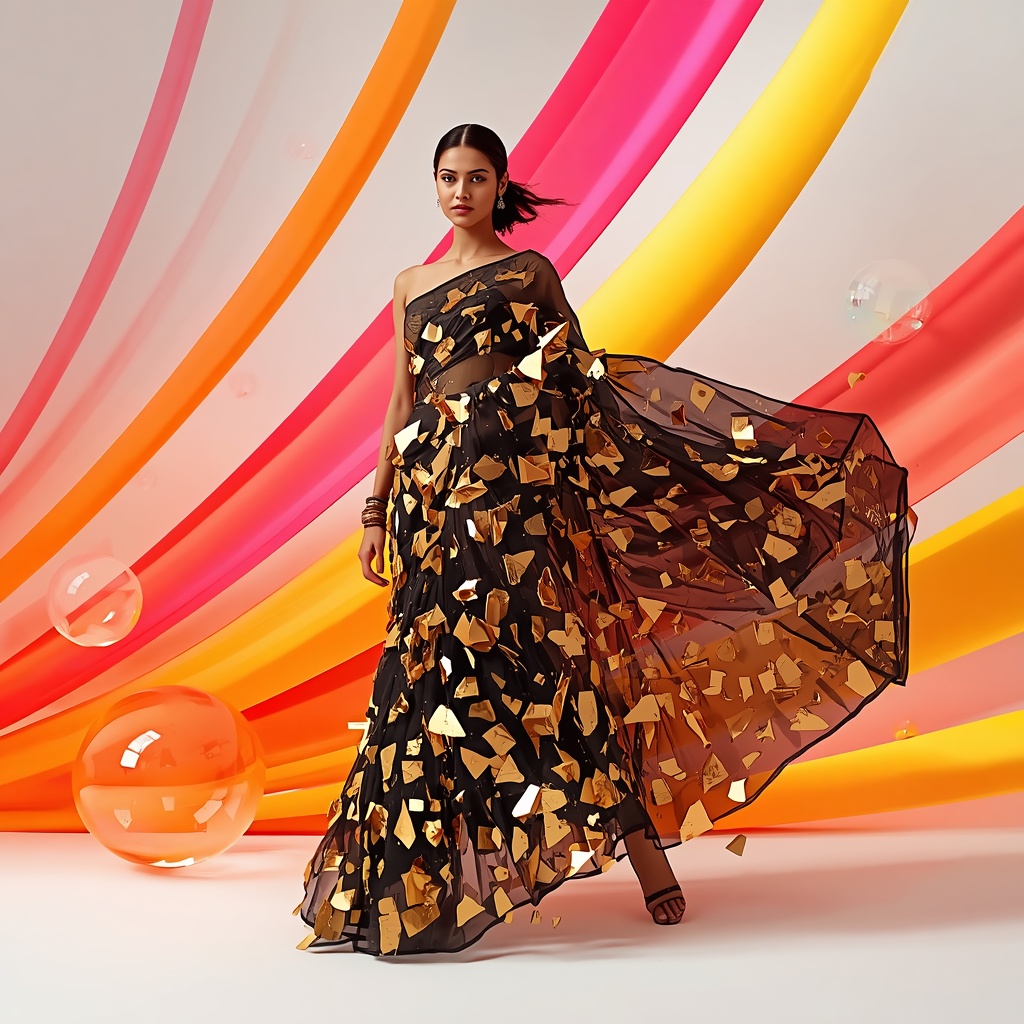 Premium Indo-Western Festival Saree: Obsidian Tissue with Massive 3D Shattered Gold | Saree Photo Ai Prompt