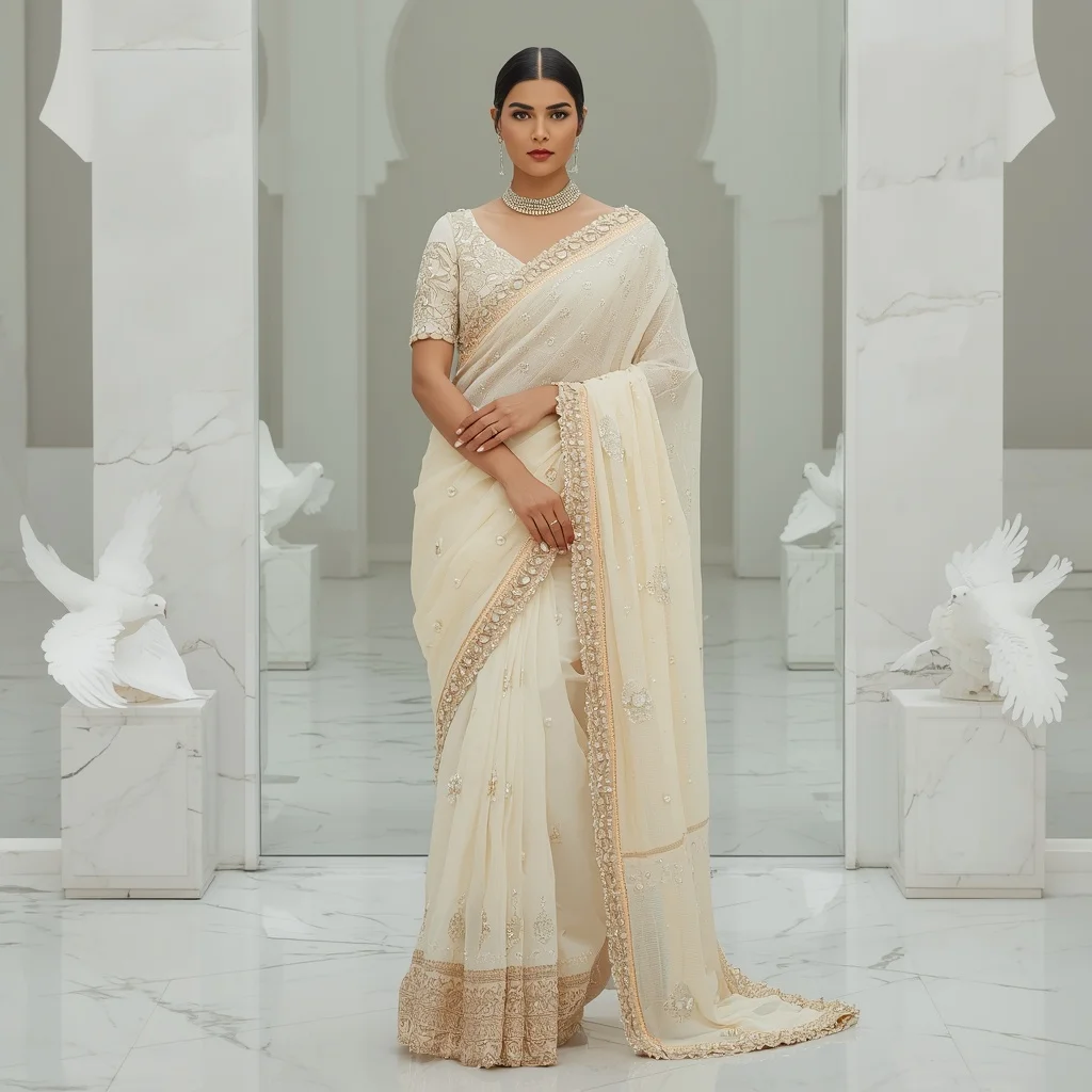 Premium Ivory Crystal Dove Maharani Saree Fashion with White Mirror Courtyard Background | Saree Ai Prompt