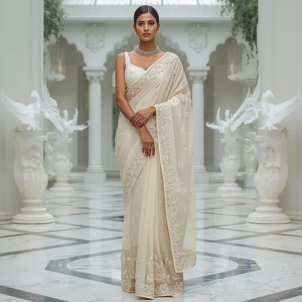 Premium Ivory Crystal Dove Queen Saree Fashion with White Palace Atrium Background | Instagram Prompt For Traditional Look For Girl