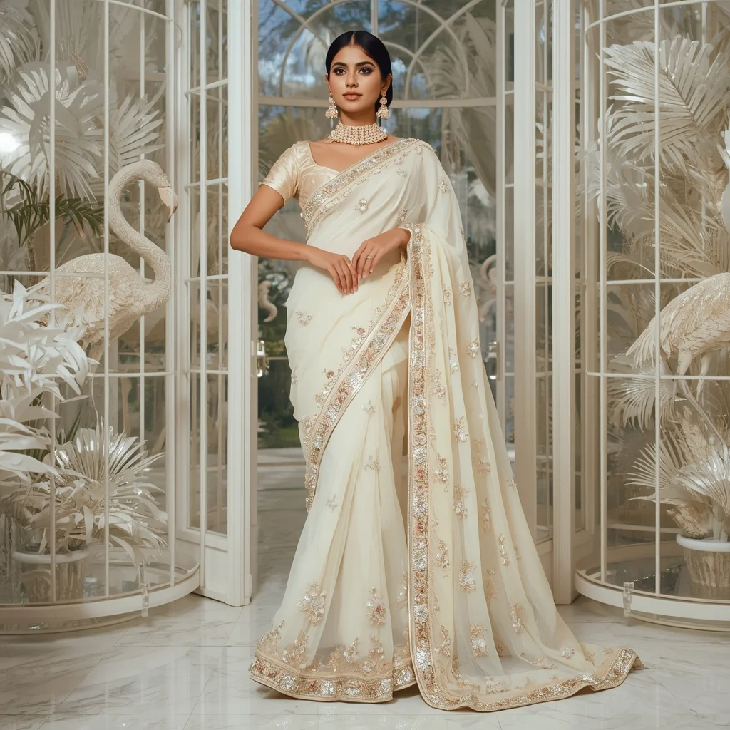 Premium Ivory Crystal Flamingo Saree Fashion with White Royal Glass Garden Background | Travel Ai Prompt