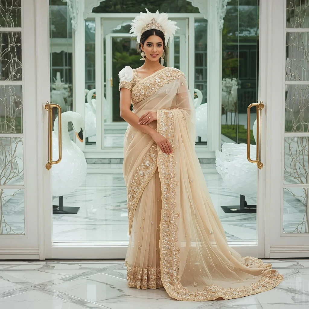 Premium Ivory Crystal Swan Crown Saree Fashion with White Mirror Garden Background | Girls Trending Prompt Gemini Instagram