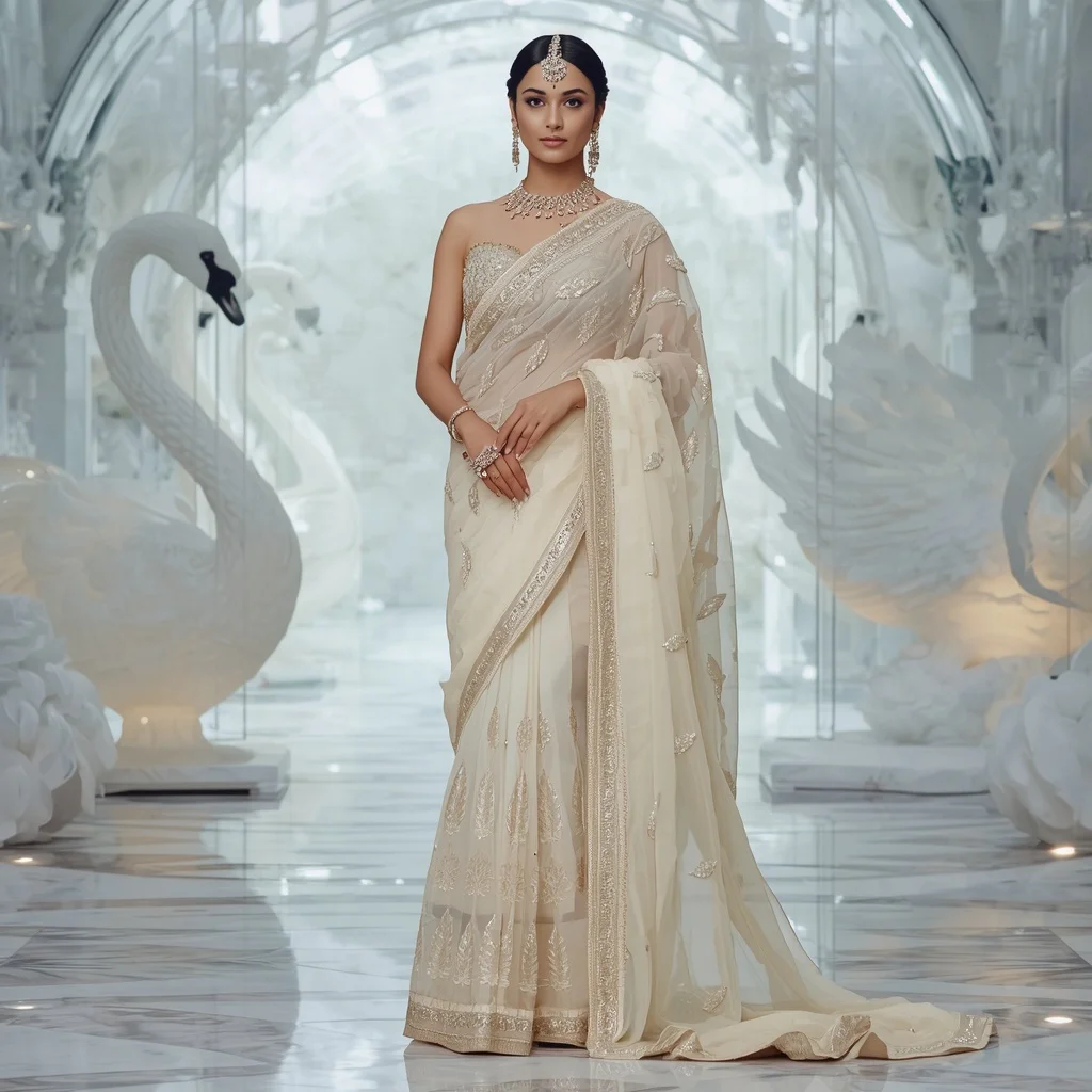 Premium Ivory Crystal Swan Empress Saree Fashion with White Glass Kingdom Background | New Instagram Trend Prompt For Girl Love