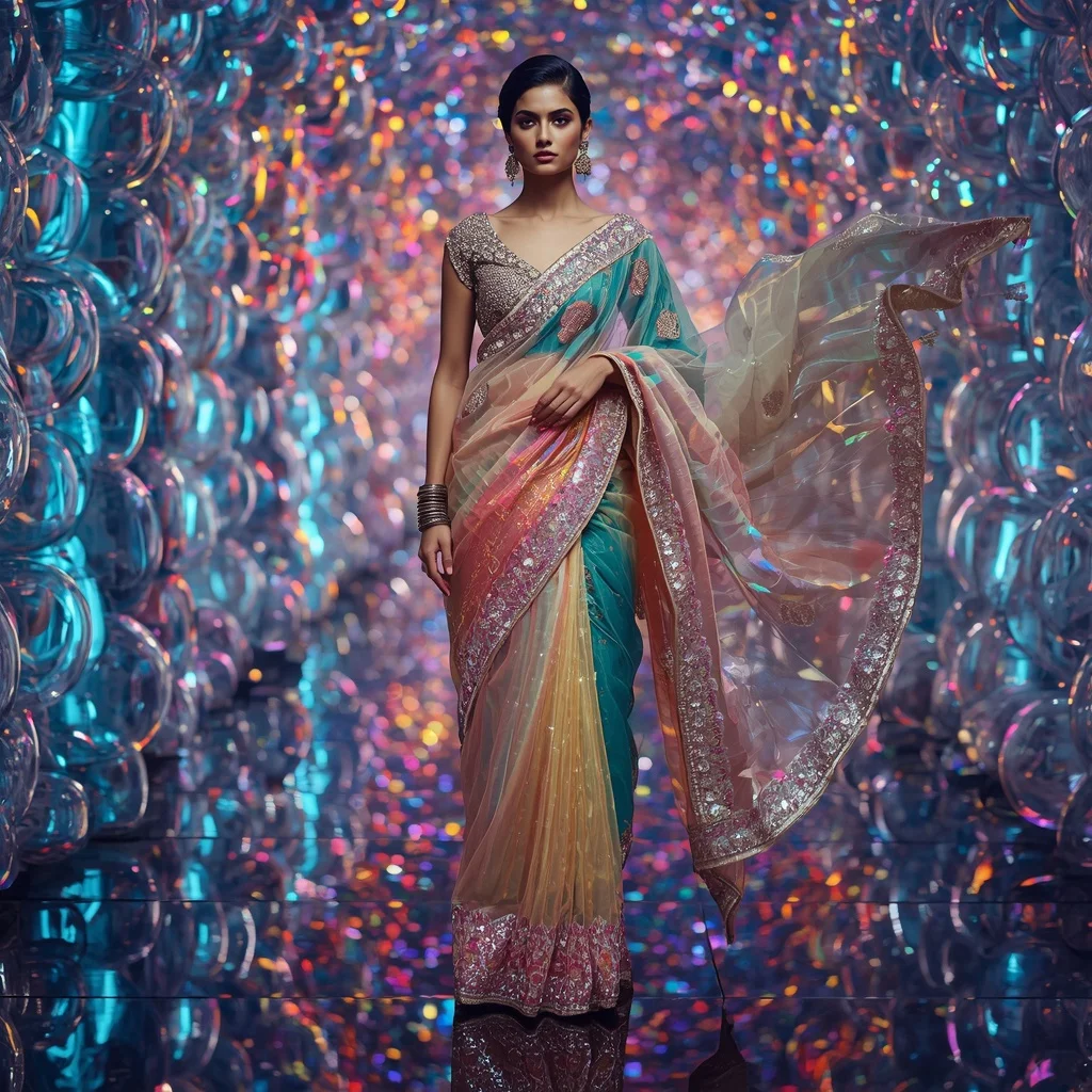 Premium Multicolor Prism Saree with Floating Spiral Editorial Walk and Bubble Reflection Hall Background | Girl Photo Prompt Gemini