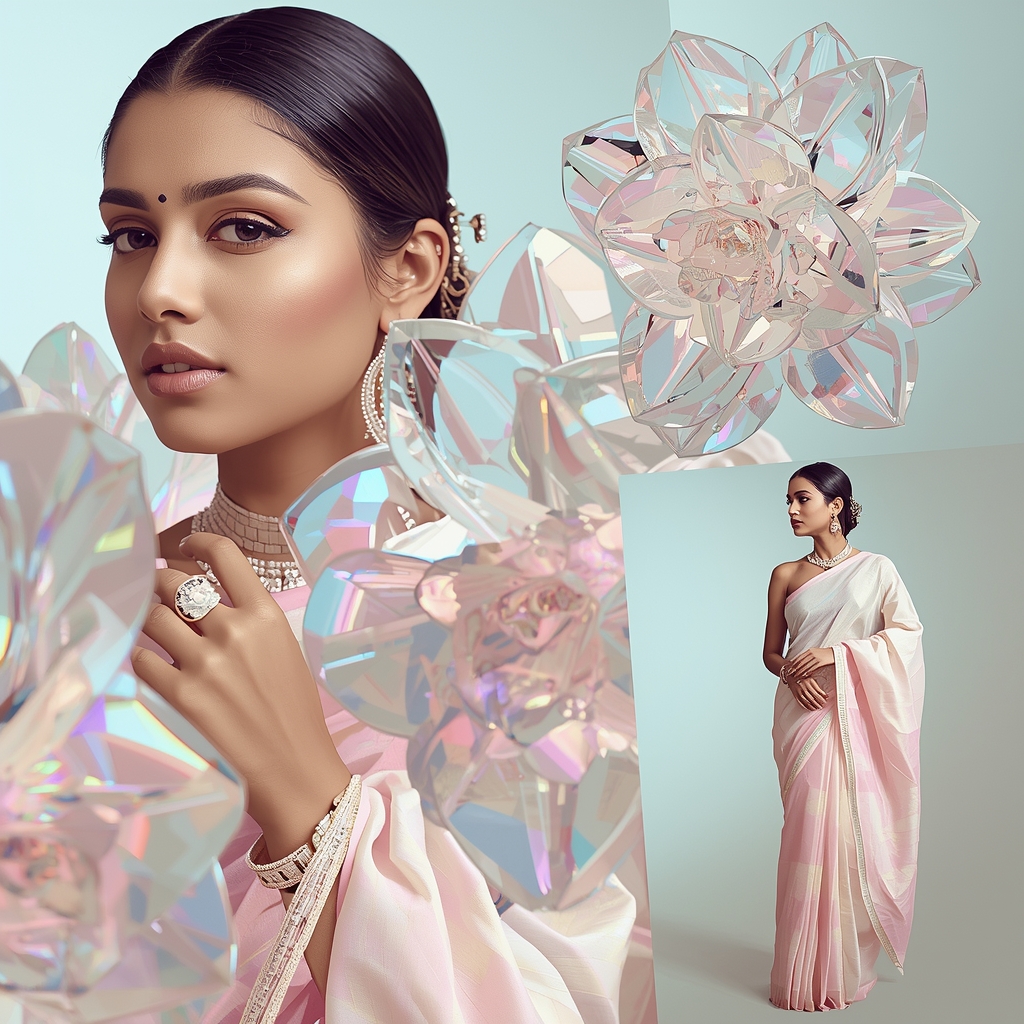 Premium Pastel Saree Portrait With 3D Floral Glass Aesthetic | Gemini Saree Prompt For Woman