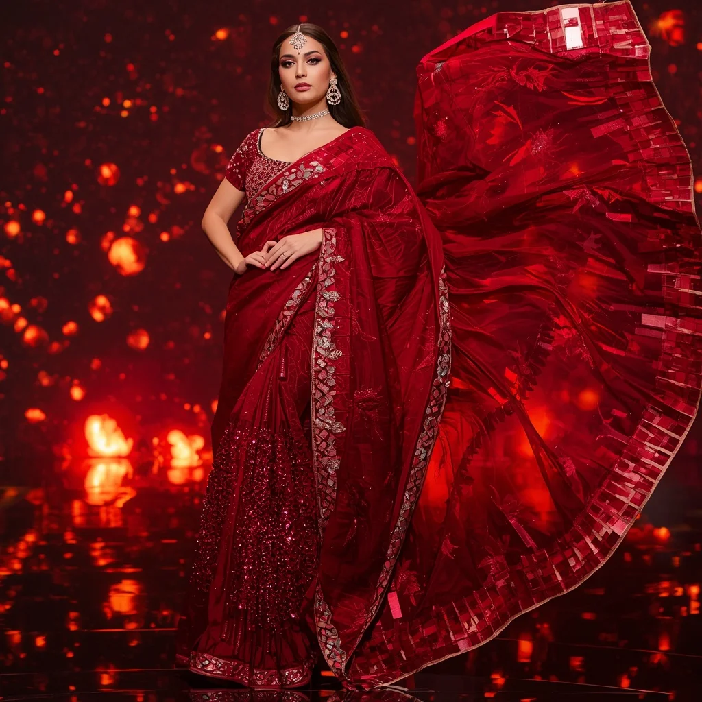 Premium Ruby Crystal Inferno Saree with Dynamic Runway Editorial Air Spiral and Digital Lava Reflection Dome Background | Sora Ai Prompt