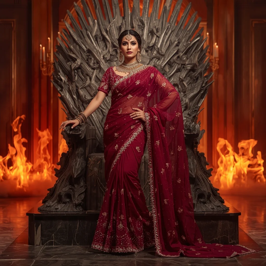 Premium Ruby Dragon Empress Saree Couture with Fire Crystal Throne Hall Background | Prompt Engineering