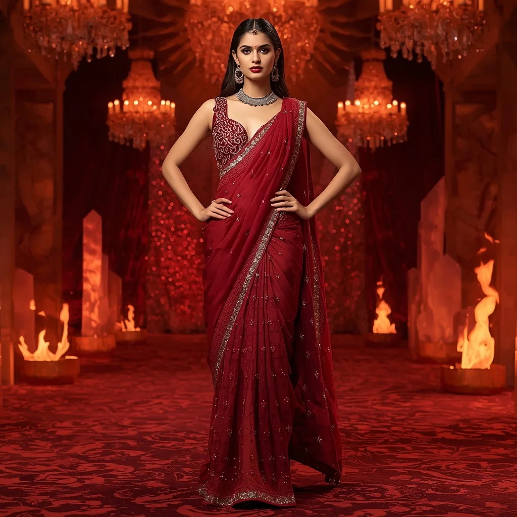 Premium Ruby Dragon Queen Saree Couture with Fire Crystal Empire Background | Prompt Seen Trending Girl