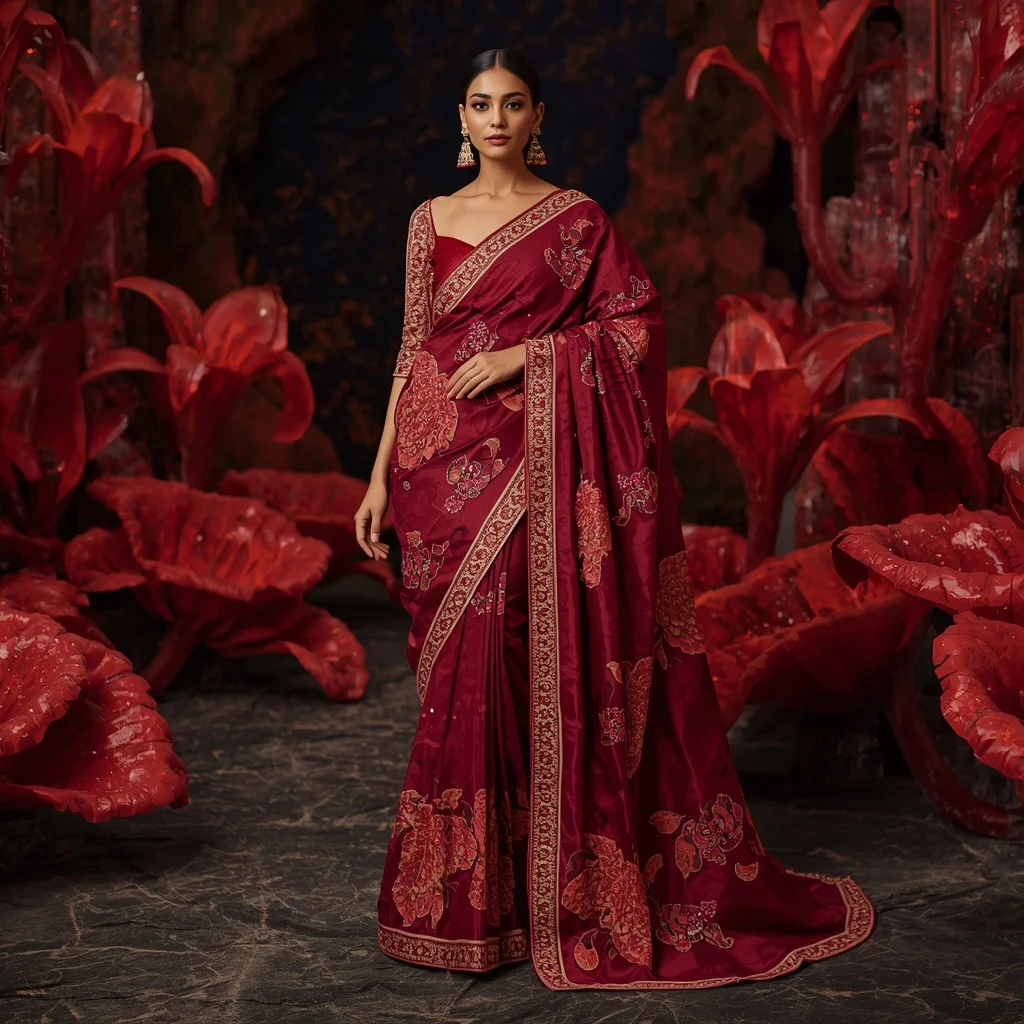 Premium Ruby Fire Lily Saree Couture with Lava Bloom Kingdom Background | Prompt AI For Girl