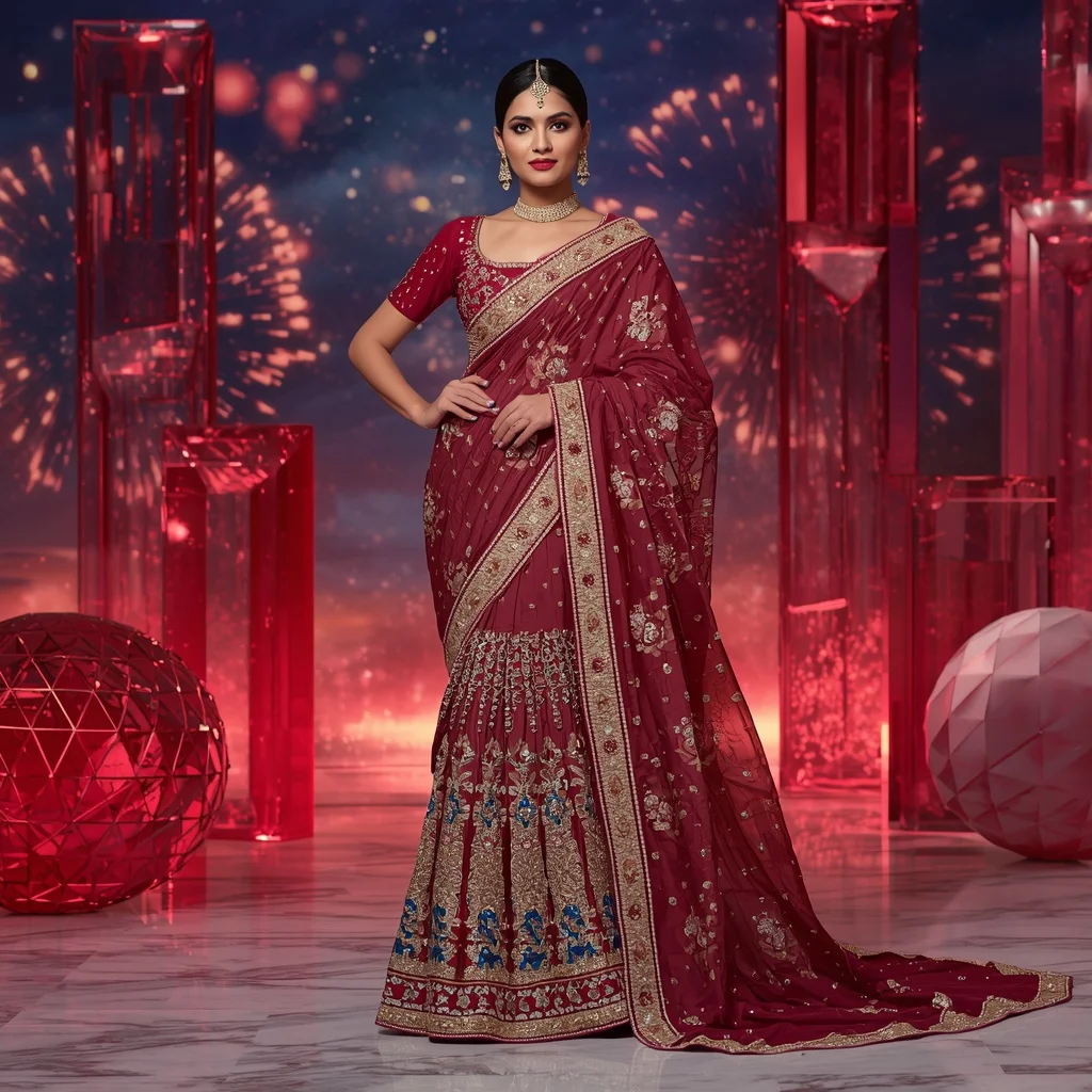 Premium Ruby Firework Queen Saree Couture with Celebration Crystal Sky Background | Prompt Seen Horror Girl