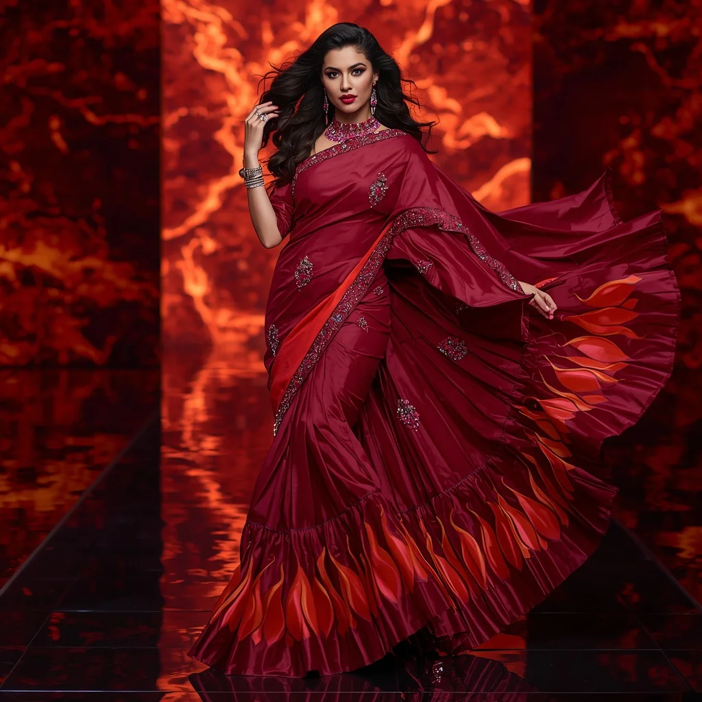 Premium Ruby Flamewave Saree with Dynamic Runway Editorial Curl and Digital Lava Reflection Hall Background | Style Ai Prompt