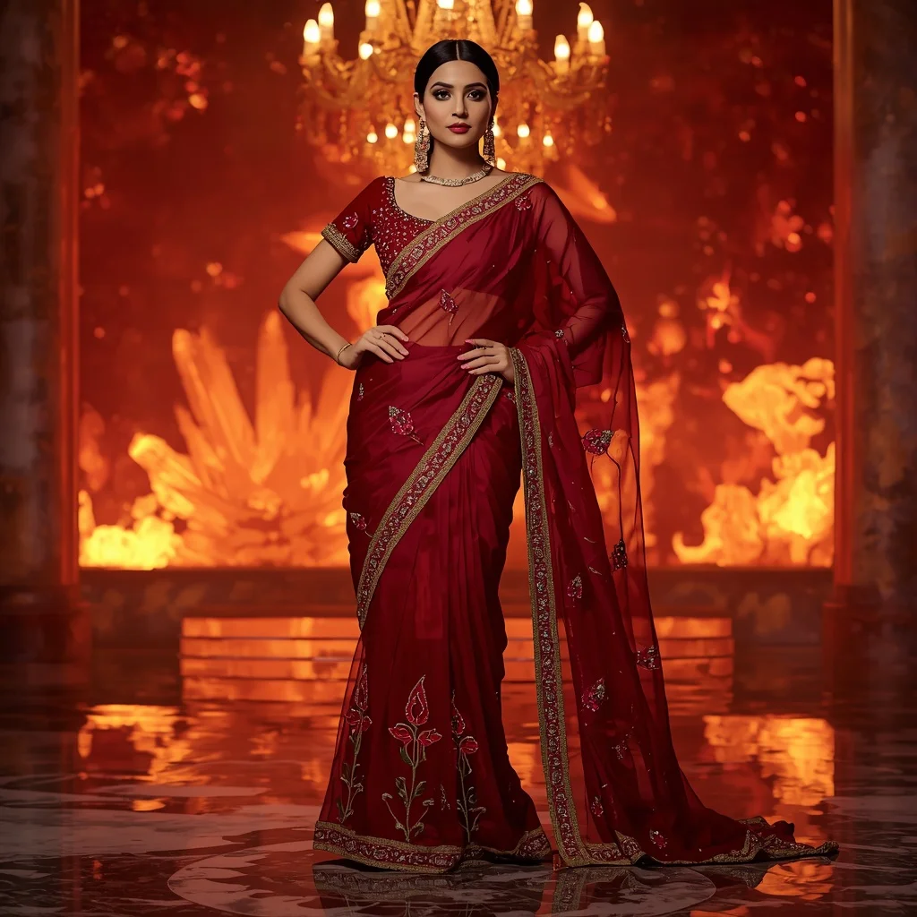 Premium Ruby Inferno Lotus Saree Couture with Fire Crystal Sanctuary Background | Youtube Thumbnail Ai Prompt