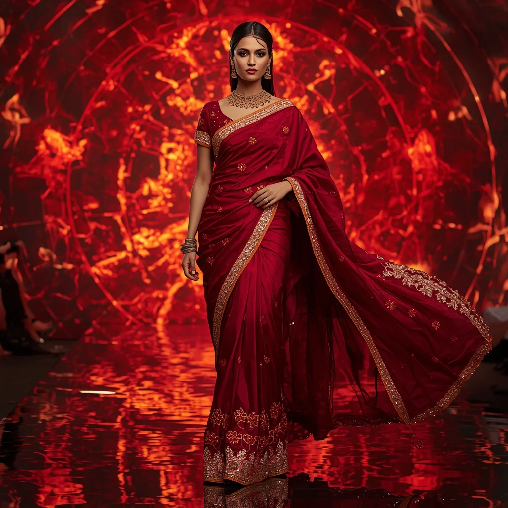Premium Ruby Inferno Spark Saree with Dynamic Runway Editorial Air Walk and Digital Fire Reflection Dome Background | Prompt Seen Girl Photo Editing Trending