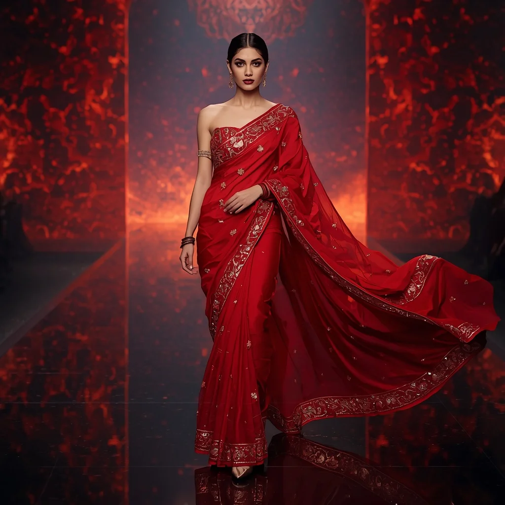 Premium Ruby Inferno Wave Saree with Dynamic Runway Editorial Air Walk and Digital Lava Reflection Palace Background | Desi Girl Ai Prompt