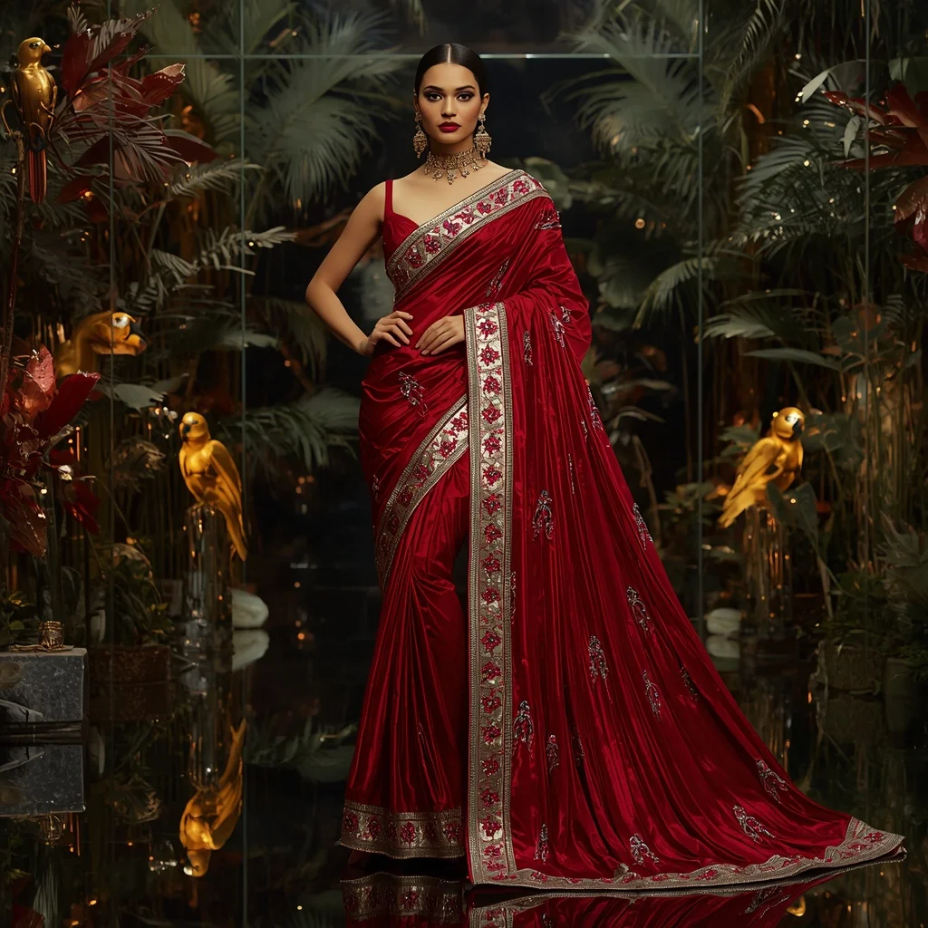 Premium Ruby Scarlet Macaw Saree Couture with Tropical Crystal Aviary Background | Travel Ai Prompt