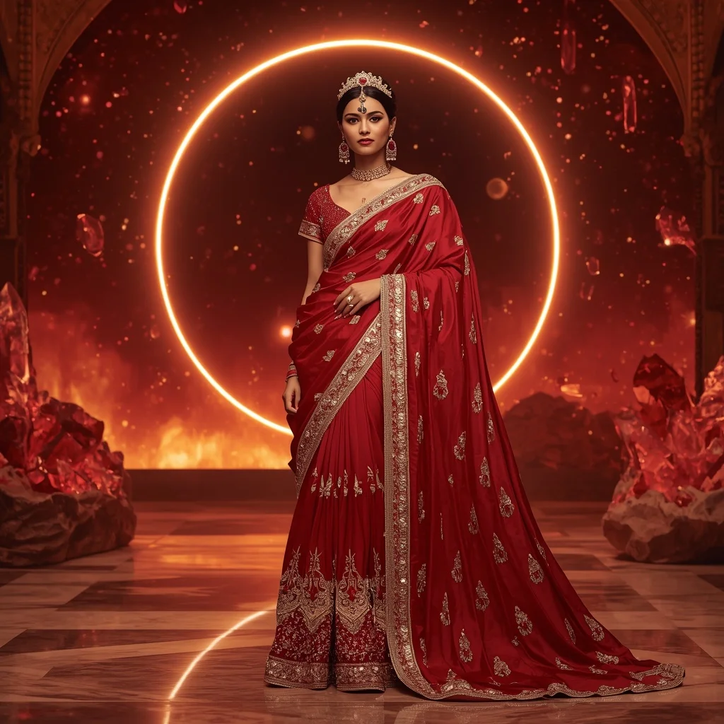 Premium Ruby Solar Crown Saree Couture with Celestial Fire Palace Background | Best Prompt For Traditional Look For Girl Chatgpt
