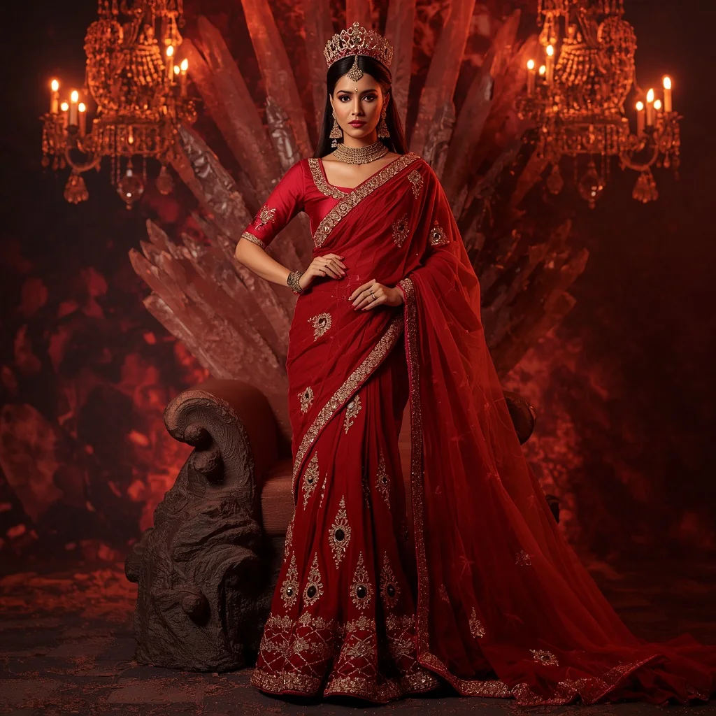 Premium Ruby Volcano Crown Saree Couture with Lava Crystal Throne Background | Chatgpt Photo Editing Styles For Girl