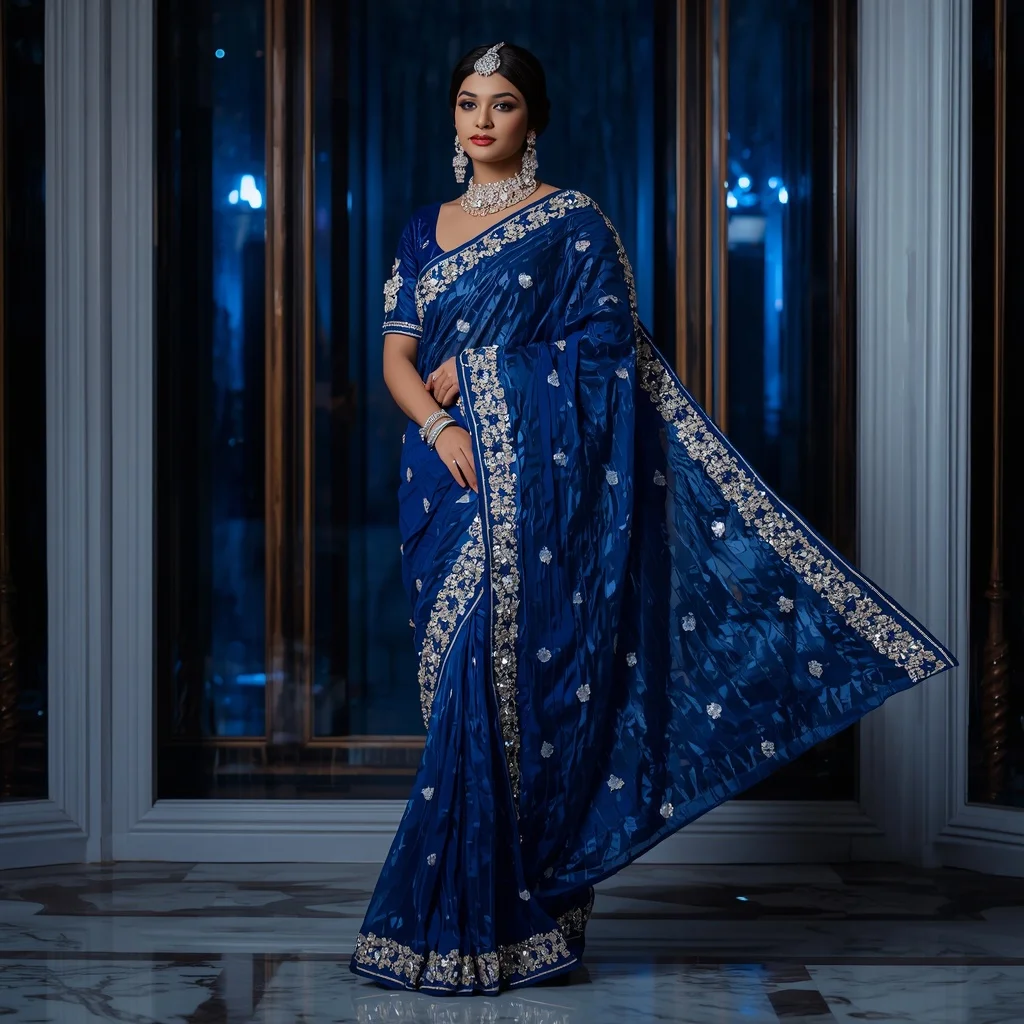 Premium Sapphire Crystal Saree with Royal Window Editorial Twist and Celestial Reflection Hall Background | Trending Prompt Girls ChatGPT