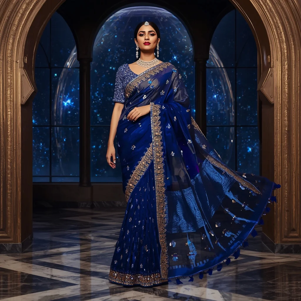 Premium Sapphire Galaxy Saree with Royal Window Editorial Air Walk and Celestial Reflection Dome Background | Prompt For Gemini Ai Girl Model Instagram