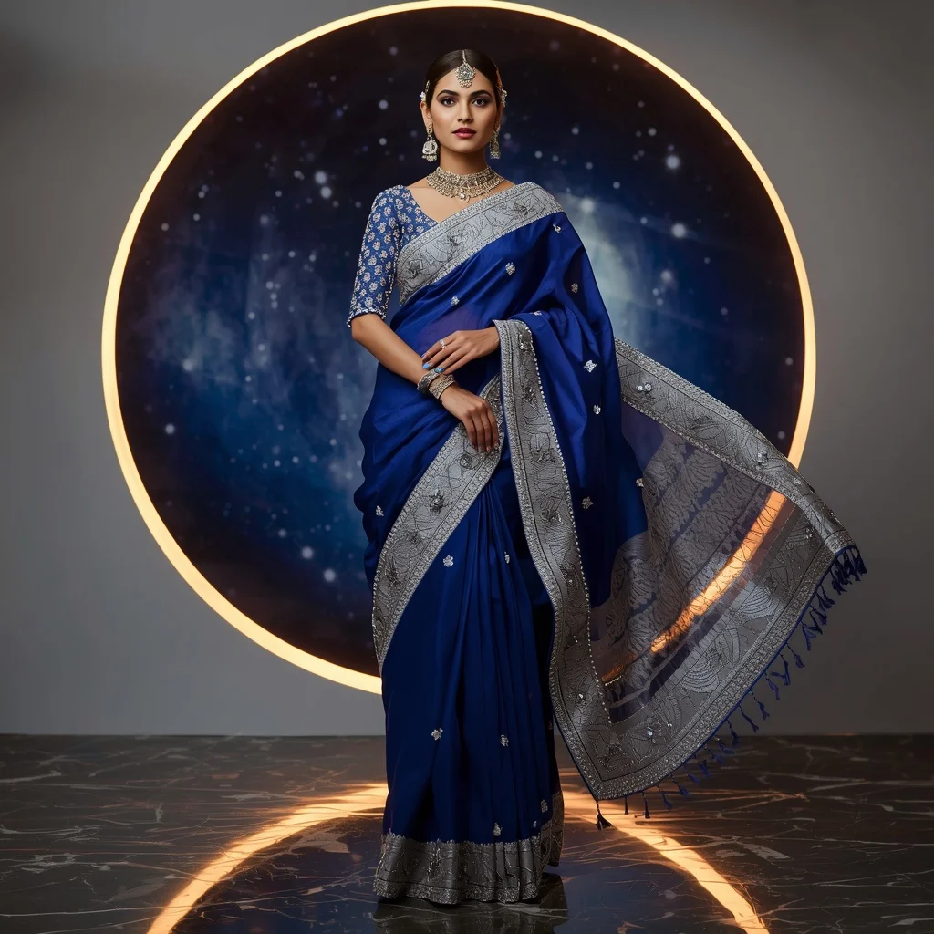 Premium Sapphire Galaxy Saree with Royal Window Editorial Spiral and Celestial Reflection Ring Background | Midjourney Prompt List