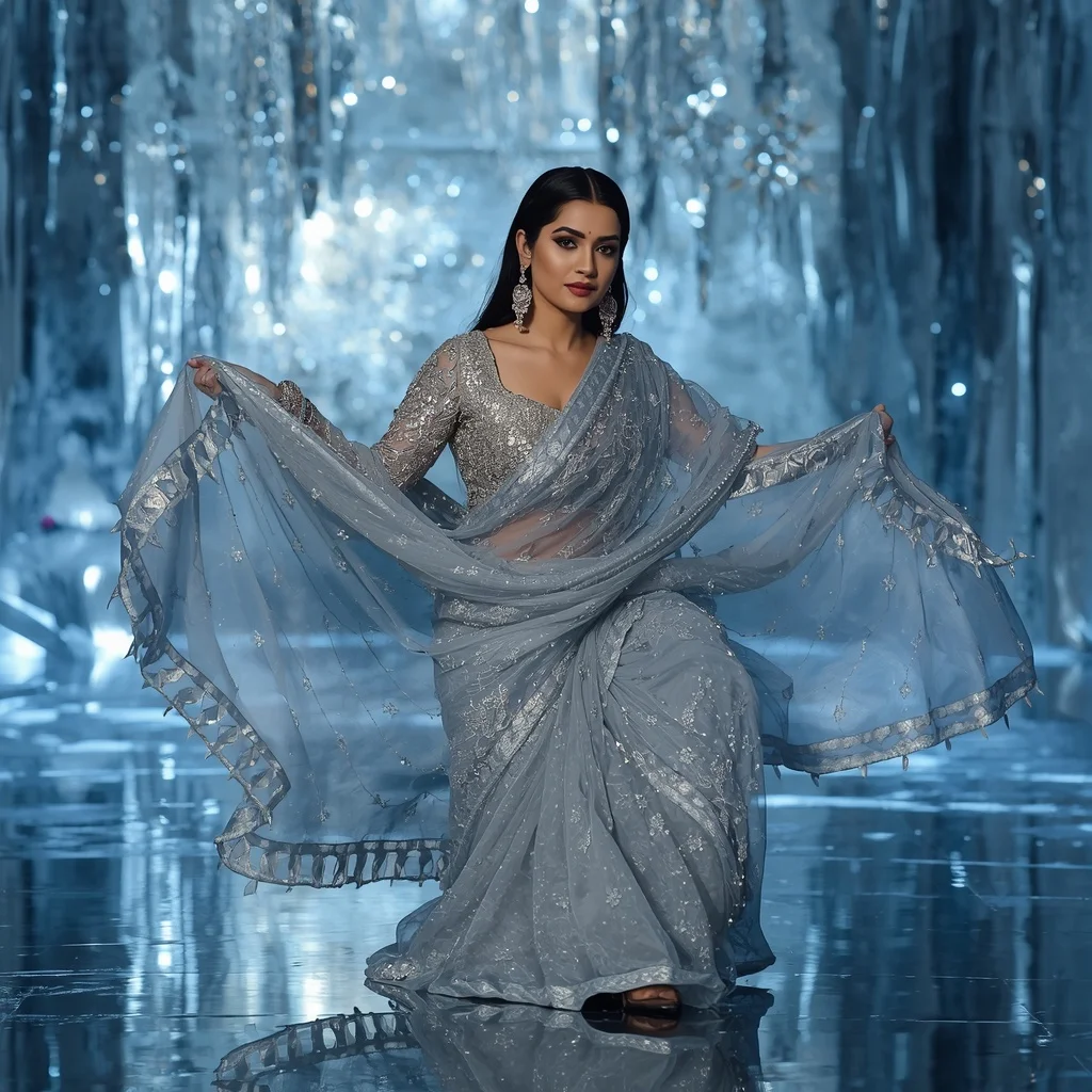 Premium Silver Snowfall Saree with Dramatic Floor Editorial Air Twist and Frozen Reflection Palace Background | Prompt Seen Girl Photo Editing Trending