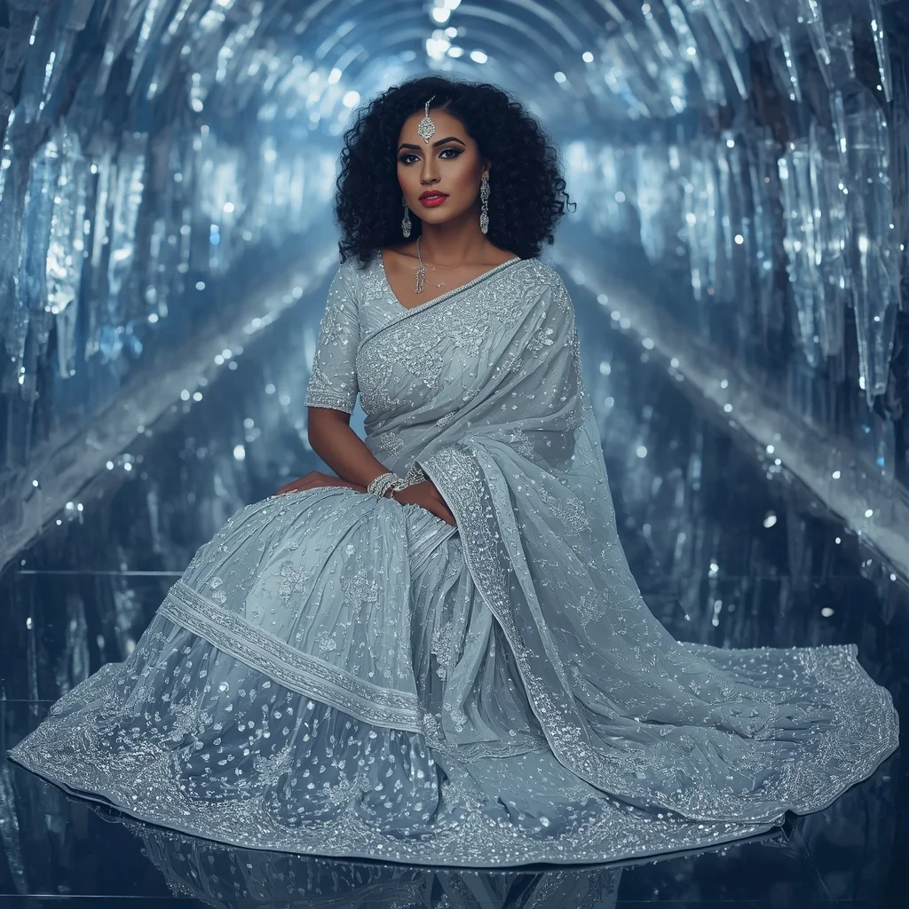 Premium Silver Snowfall Saree with Dramatic Floor Editorial Spiral Curl and Frozen Reflection Tunnel Background | Woman Pose Ai Prompt