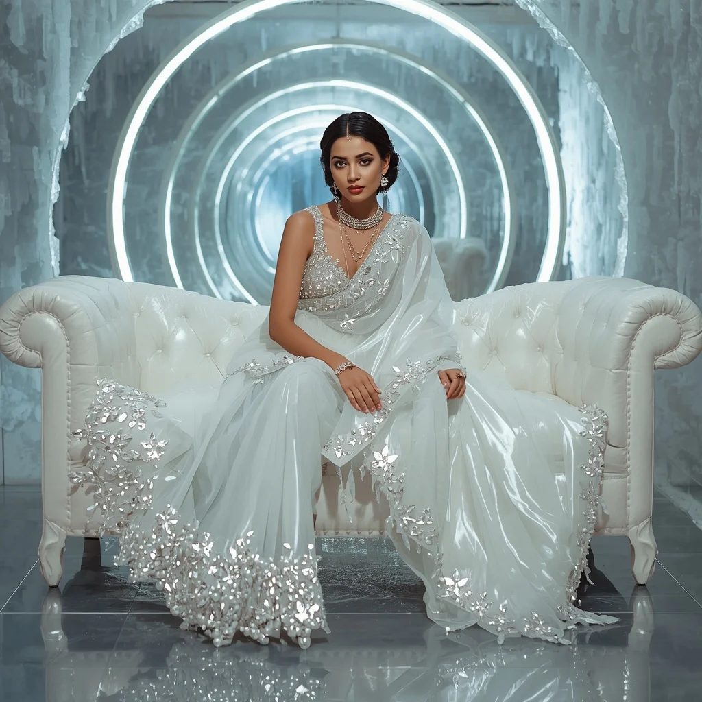 Premium White Halo Crystal Saree with Elegant Sofa Editorial Air Twist and Frozen Reflection Tunnel Background | Prompt Seen Gemini Girl Instagram