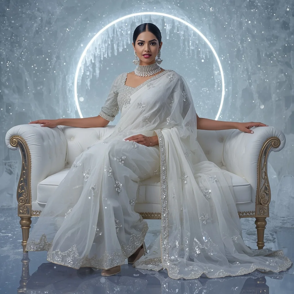 Premium White Halo Crystal Saree with Elegant Sofa Editorial Curl and Frozen Reflection Dome Background | Gemini Photo Editing Prompt