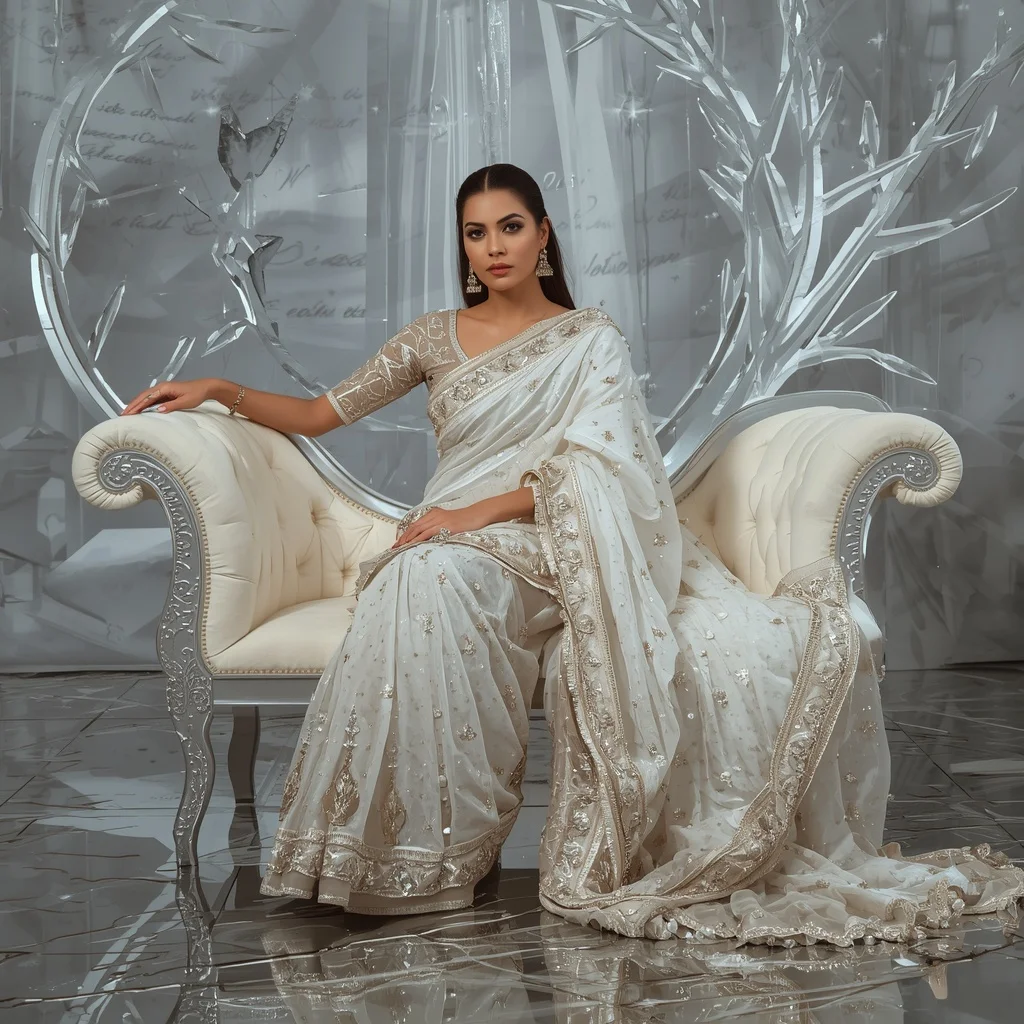 Premium White Halo Crystal Saree with Elegant Sofa Editorial Spiral and Frozen Reflection Palace Background | Leonardo Ai Image Prompt