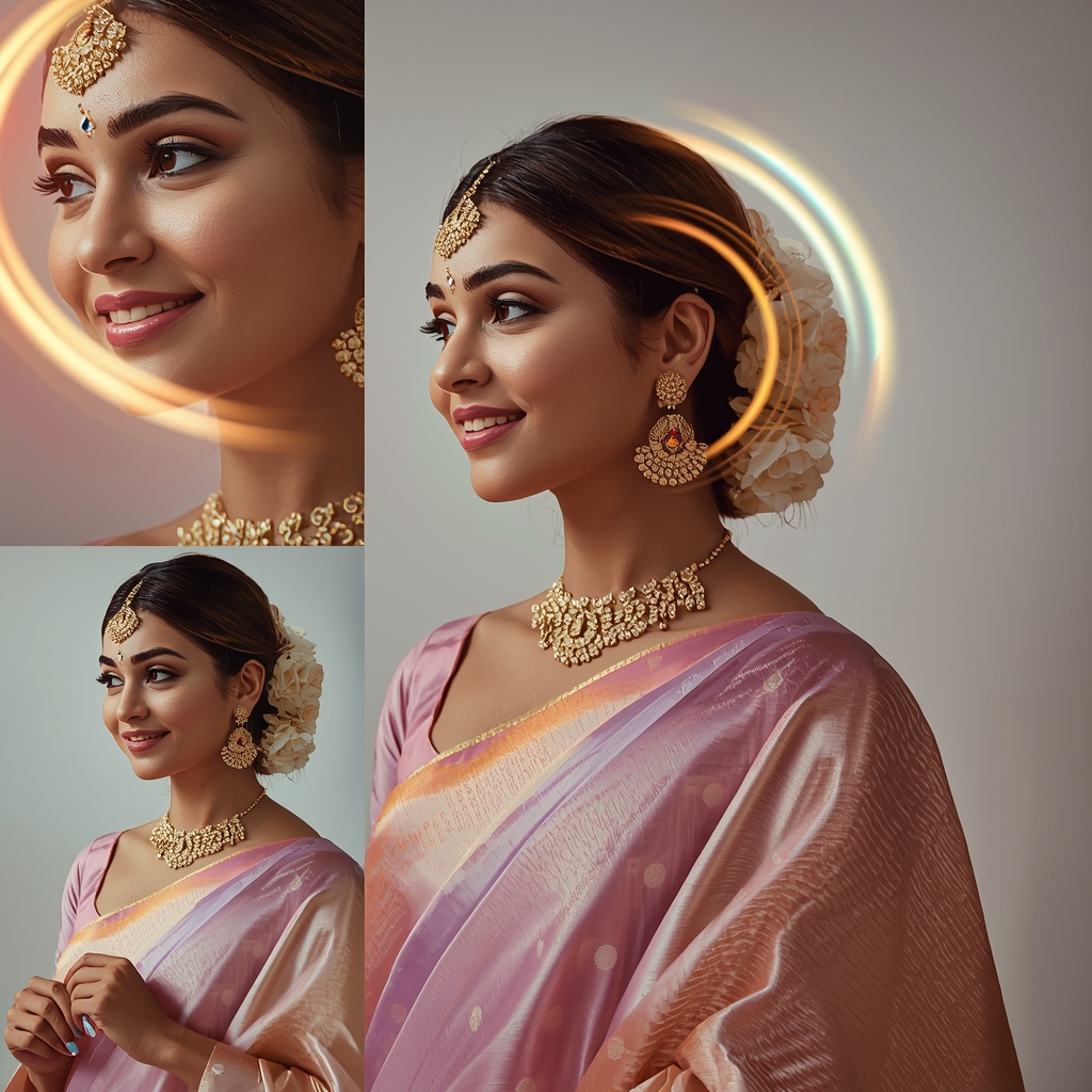 Prism Pulse Halo Orbit Pastel Saree Indian Woman Premium Composition | Gemini Saree Prompt For Instagram