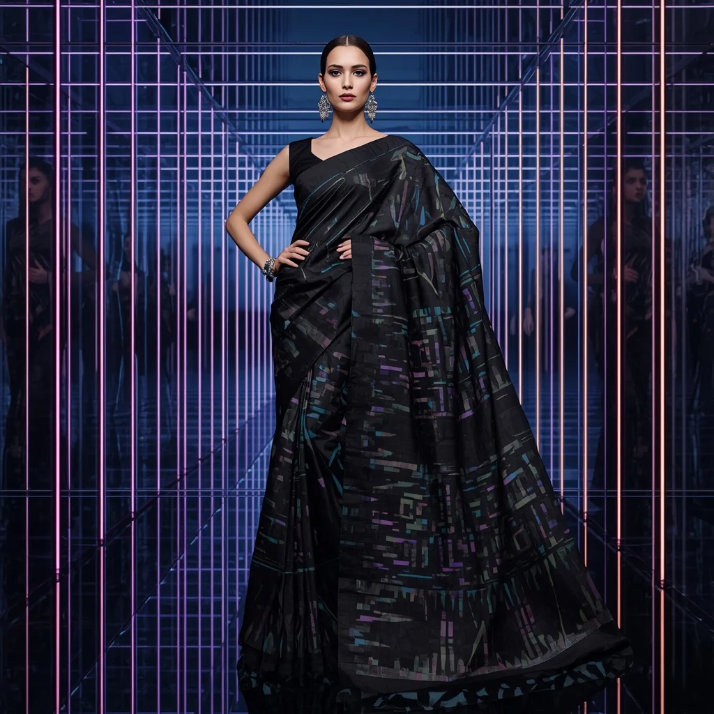 Prismatic Glitch Saree with Recursive Glass Architecture | Saree Prompt For Instagram