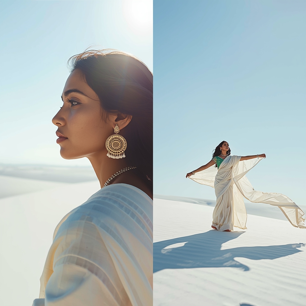 Pure White Desert Sand Dunes High Fashion Editorial Split Screen Layout | Prompt Gemini Saree