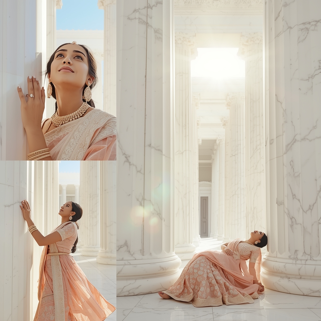 Pure White Marble Colonnade Morning Sun Premium Saree Layout Design | Aesthetic Saree Ai Prompt